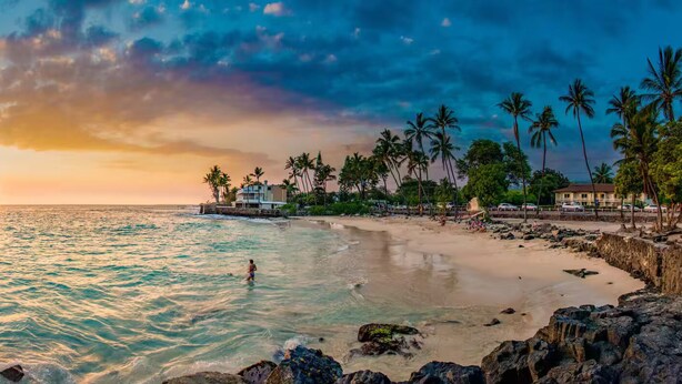 A beach with clear waters, palm trees, and a sunset.