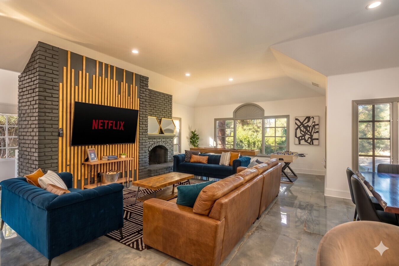 Smart TV, fireplace, video games, table football