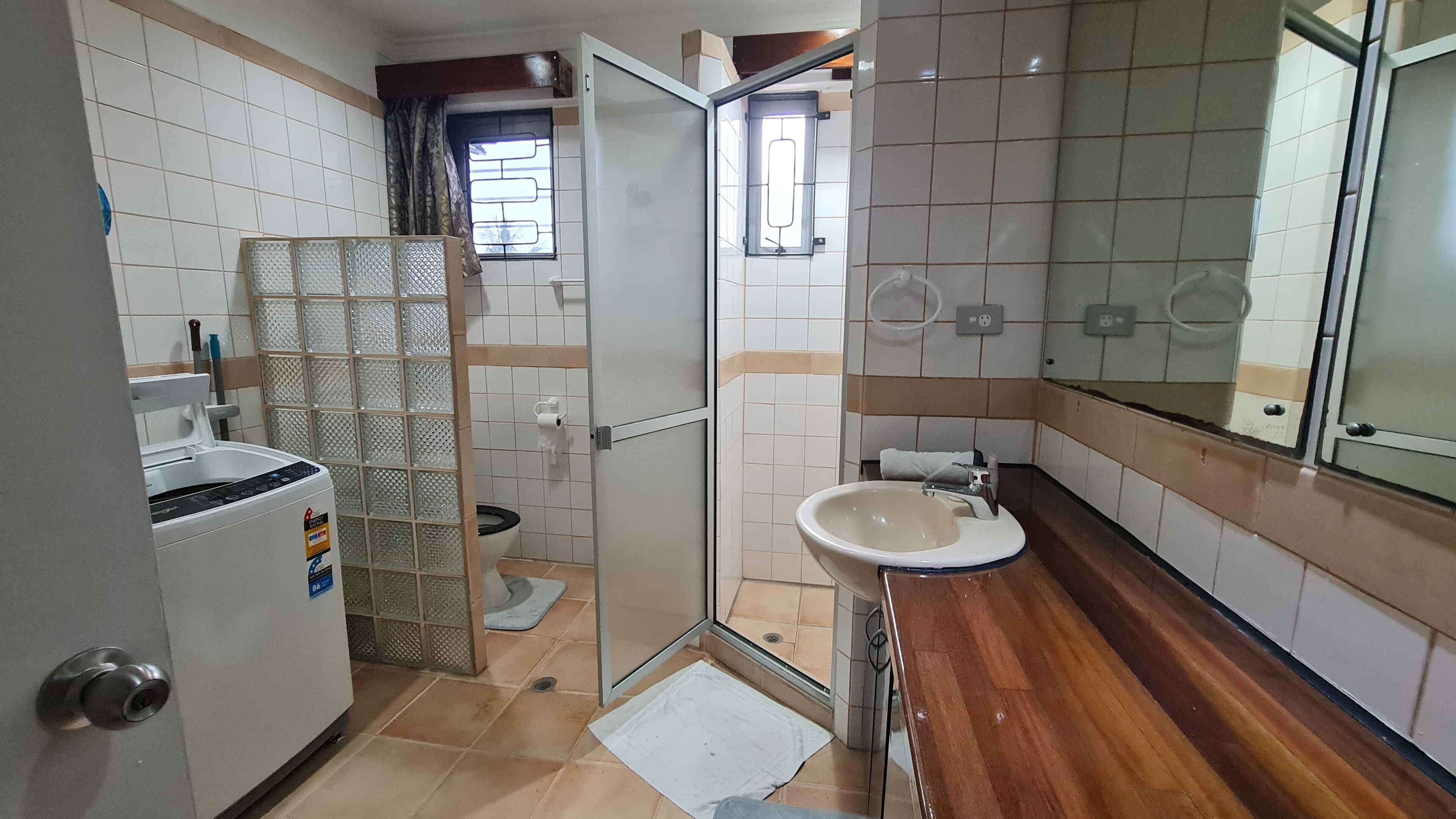 Hair dryer, bidet, towels, soap