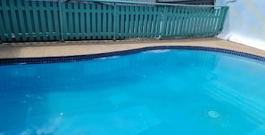 Une piscine avec un bord carrelé et une clôture verte en arrière-plan.