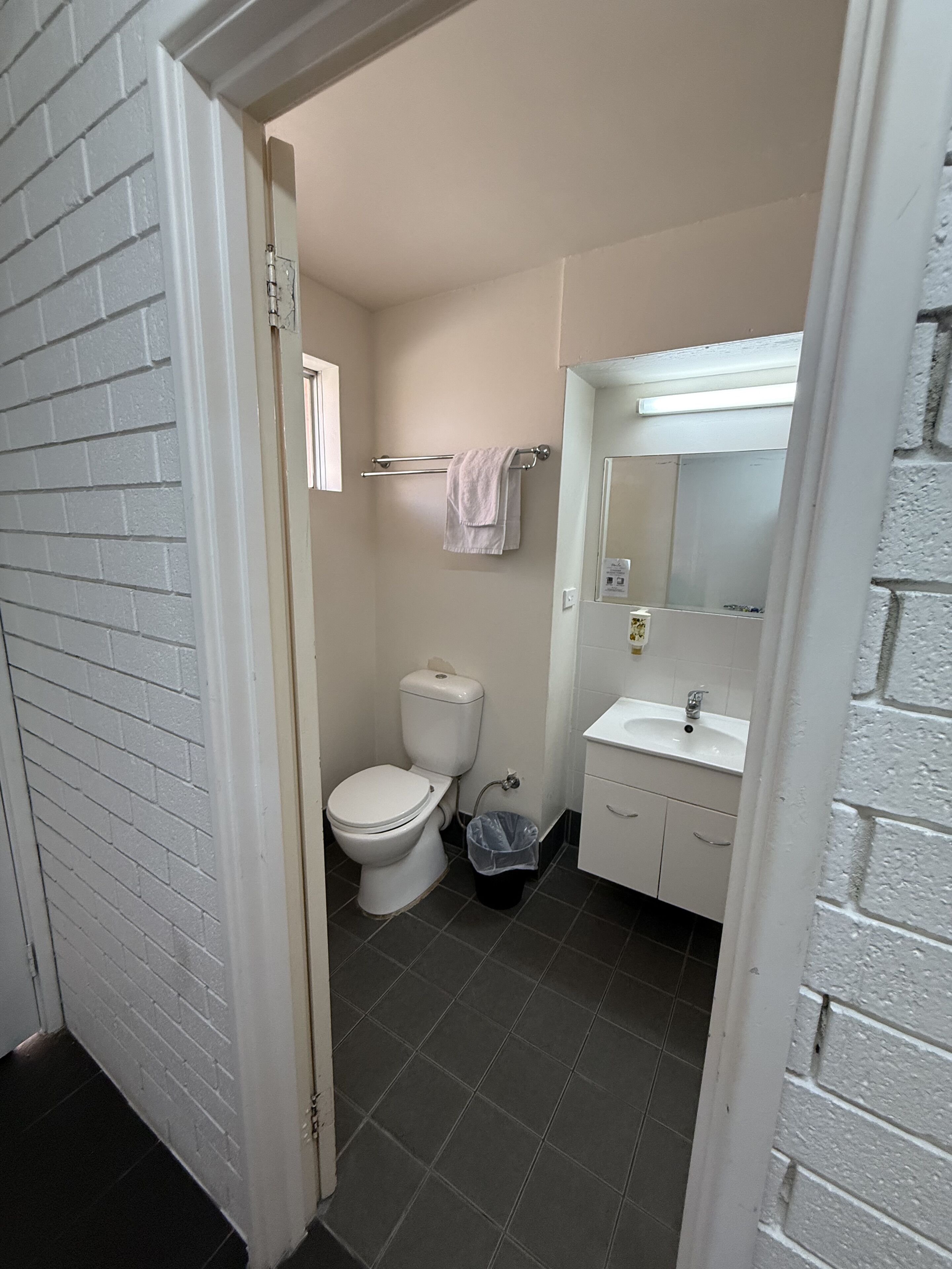 A bathroom with a toilet, sink, and mirror.