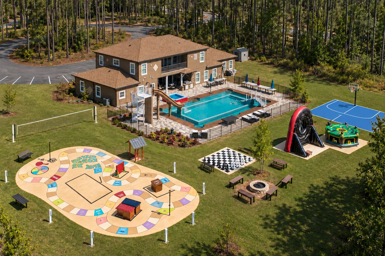 A residential property with a swimming pool, outdoor games, and a basketball court.