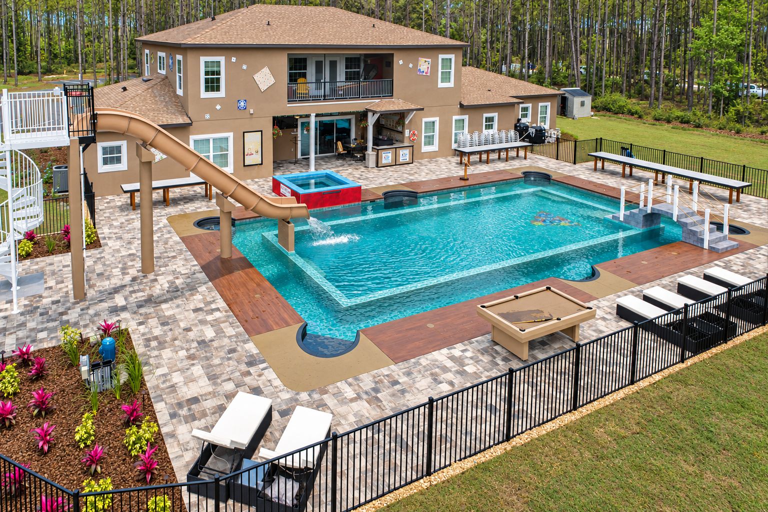 Une maison à deux étages avec une piscine, un toboggan et un espace salon extérieur.