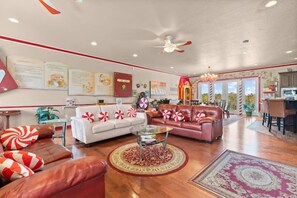 Smart TV, video games, DVD player, foosball