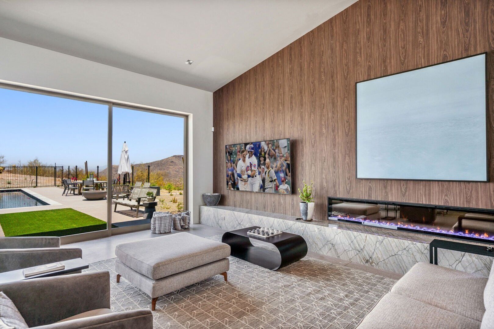 スマートテレビ、暖炉、書庫、書斎 / ワークスペース