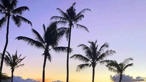 Zona de piscina con palmeras y vista al océano al atardecer.