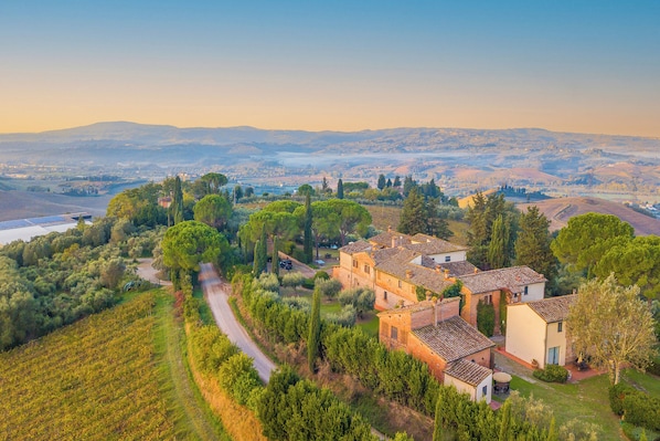 A rural villa with a vineyard, terraced fields, and a clear view of the surrounding countryside.