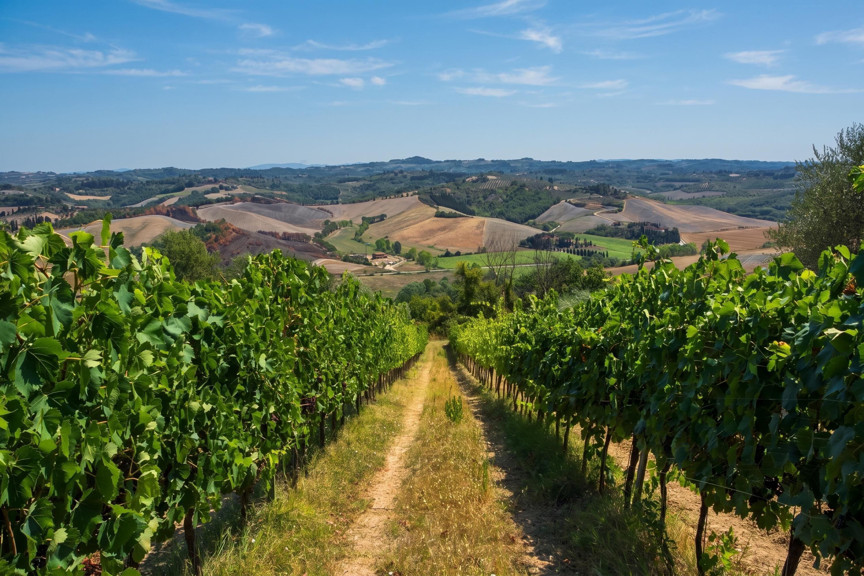 Viñedo con hileras de parras y un sendero de tierra que las atraviesa.