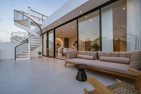 Luxury Villa, 3 Bedrooms, Pool View | Living area | 70-inch TV with cable channels