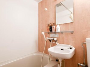 Hair dryer, towels, soap, shampoo