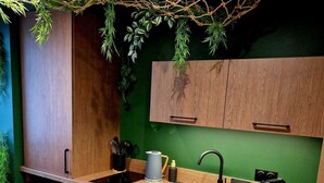 A compact kitchen with wooden cabinets, a built-in microwave, a coffee machine, and a dishwasher. - Tropical escape Suite Jungle Room (Thiers)