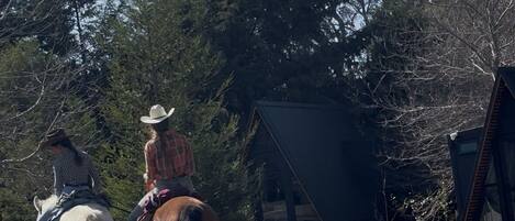Two people riding horses in a grassy area with a cabin in the background.
