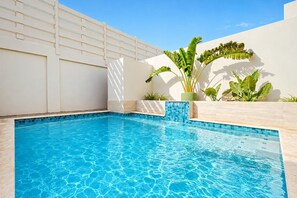 A swimming pool with clear blue water, surrounded by a white wall and potted plants.