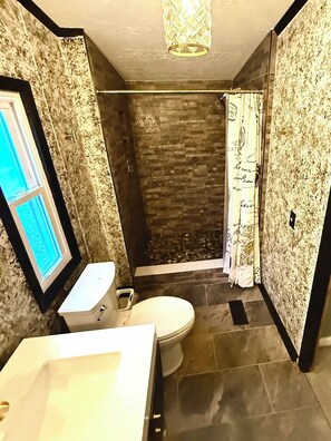 Shower, towels, soap, toilet paper