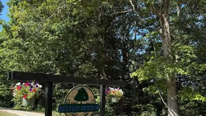 Un panneau en bois, orné d’un logo et de l’inscription « Blue Jay Retreats », est placé dans un cadre naturel, avec des arbres et un chemin de gravier.
