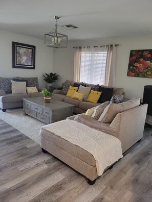 Smart TV, fireplace, ping pong, books