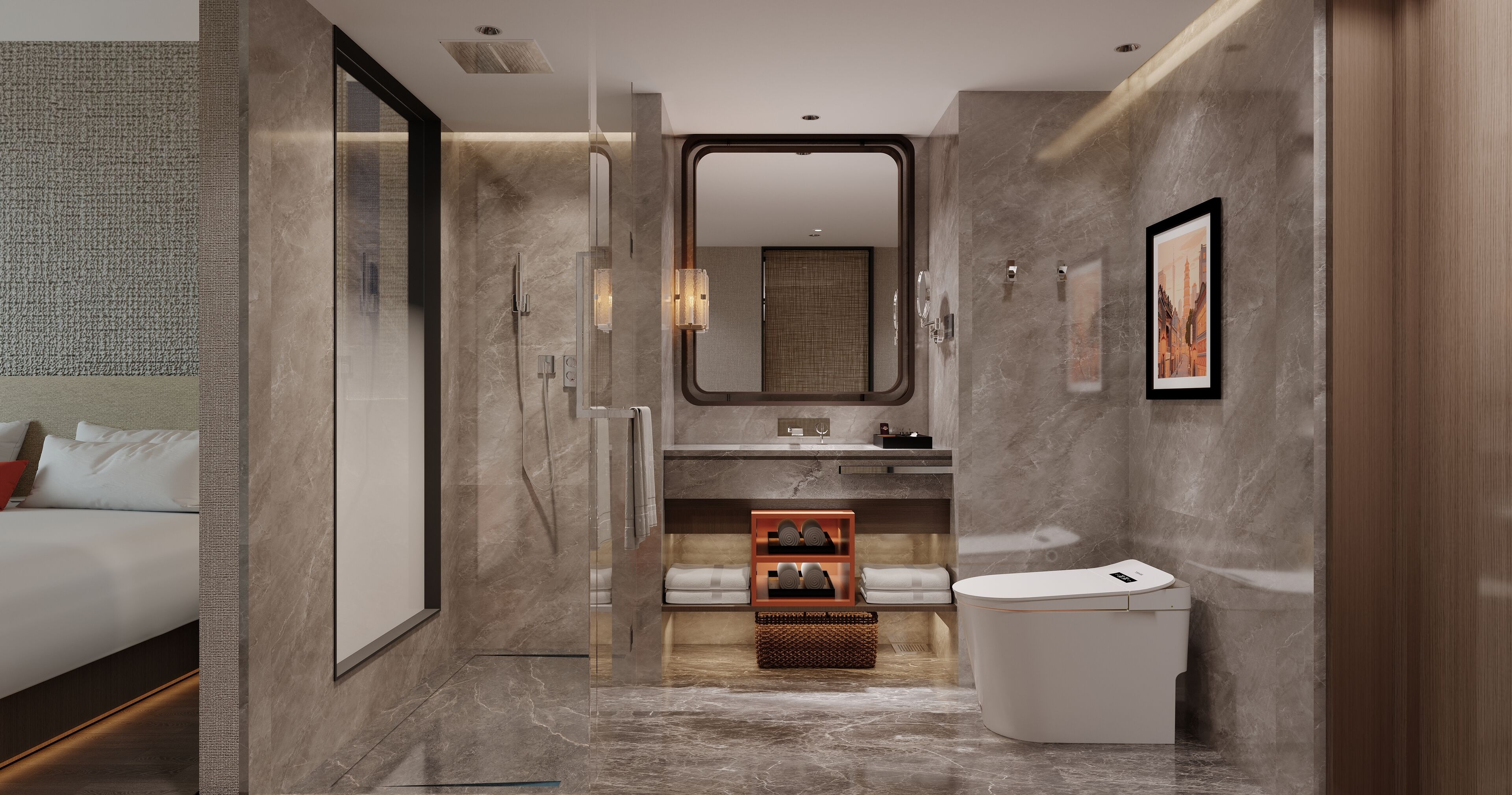 A modern hotel bathroom with a large mirror, a toilet, and a sink.
