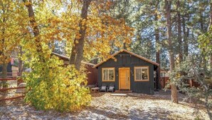A cabin with a front porch, surrounded by trees and a wooden fence. - Black Diamond Retreat Designer Cabin Hot Tub (Big Bear)