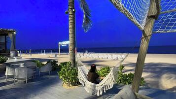 Beach nearby, white sand, beach shuttle