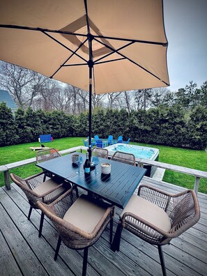 Outdoor dining - Chic Oak Bluffs Renovated 3-BR with Hot Tub, Large Yard, and Short Walk to Town (Oak Bluffs)