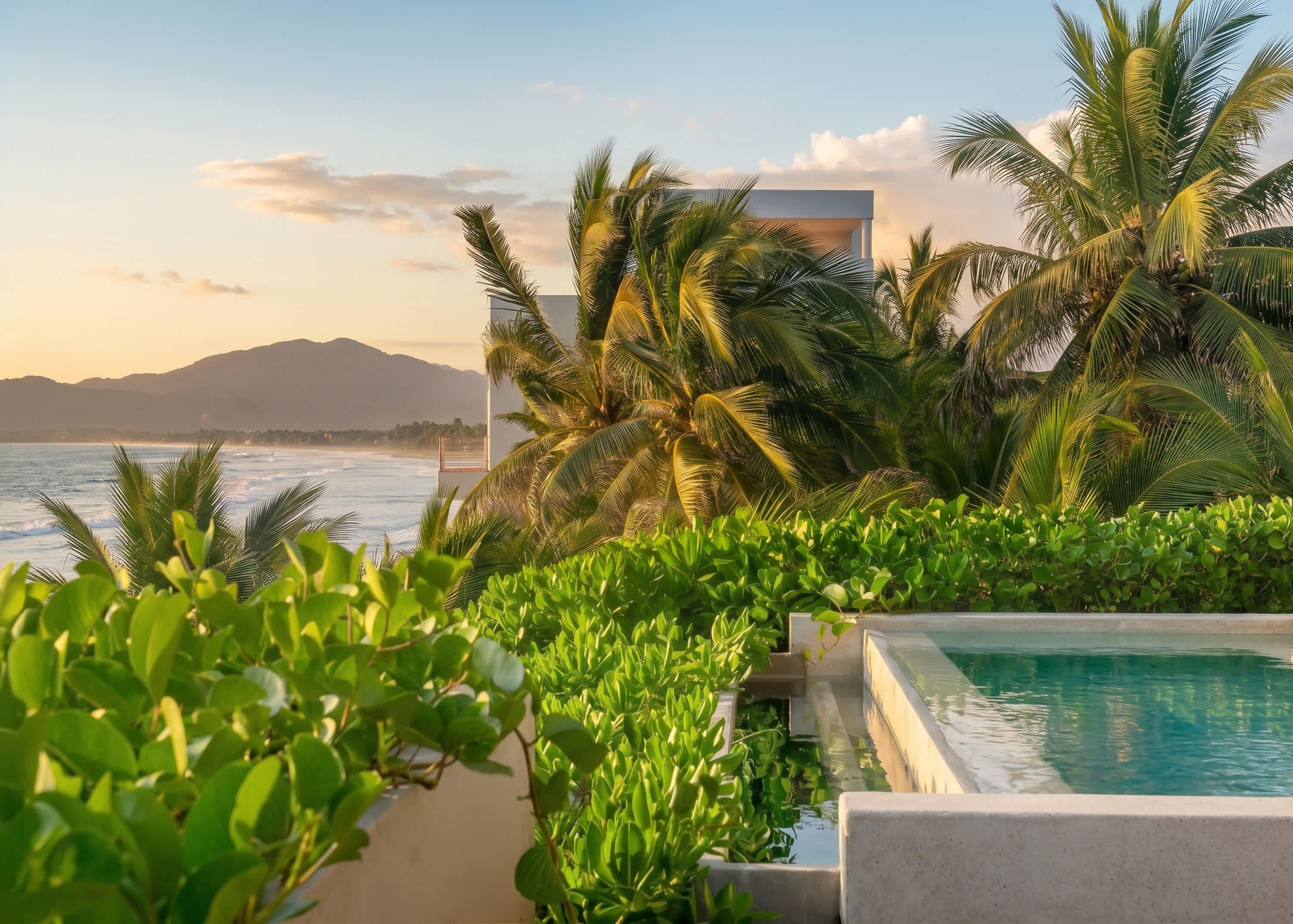 A pool area with a view of the ocean and mountains, surrounded by lush greenery and palm trees.