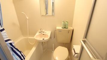 Hair dryer, towels, soap, toilet paper