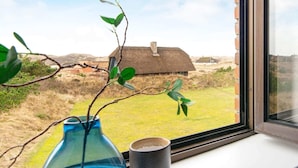 A view from a window with a thatched-roof house in the background. - 10 Person Holiday Park Home in Ulfborg (Ulfborg)