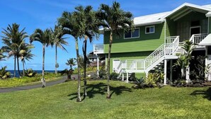 Una casa a due piani con esterno verde e dettagli bianchi, circondata da un prato curato e palme.