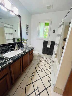 Hair dryer, towels, soap, shampoo