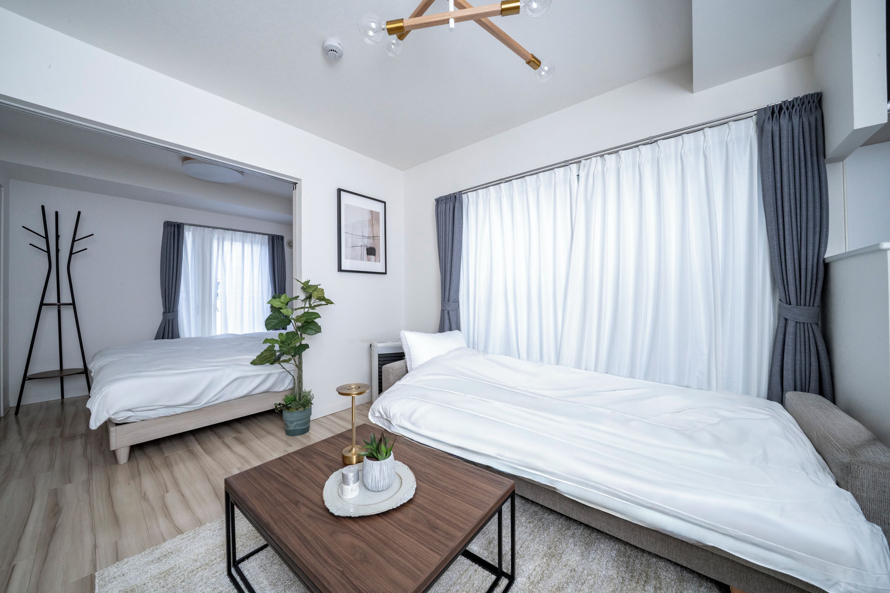 A modern hotel room with two single beds, a wooden coffee table with decorative items, a potted plant, and a large window with curtains.