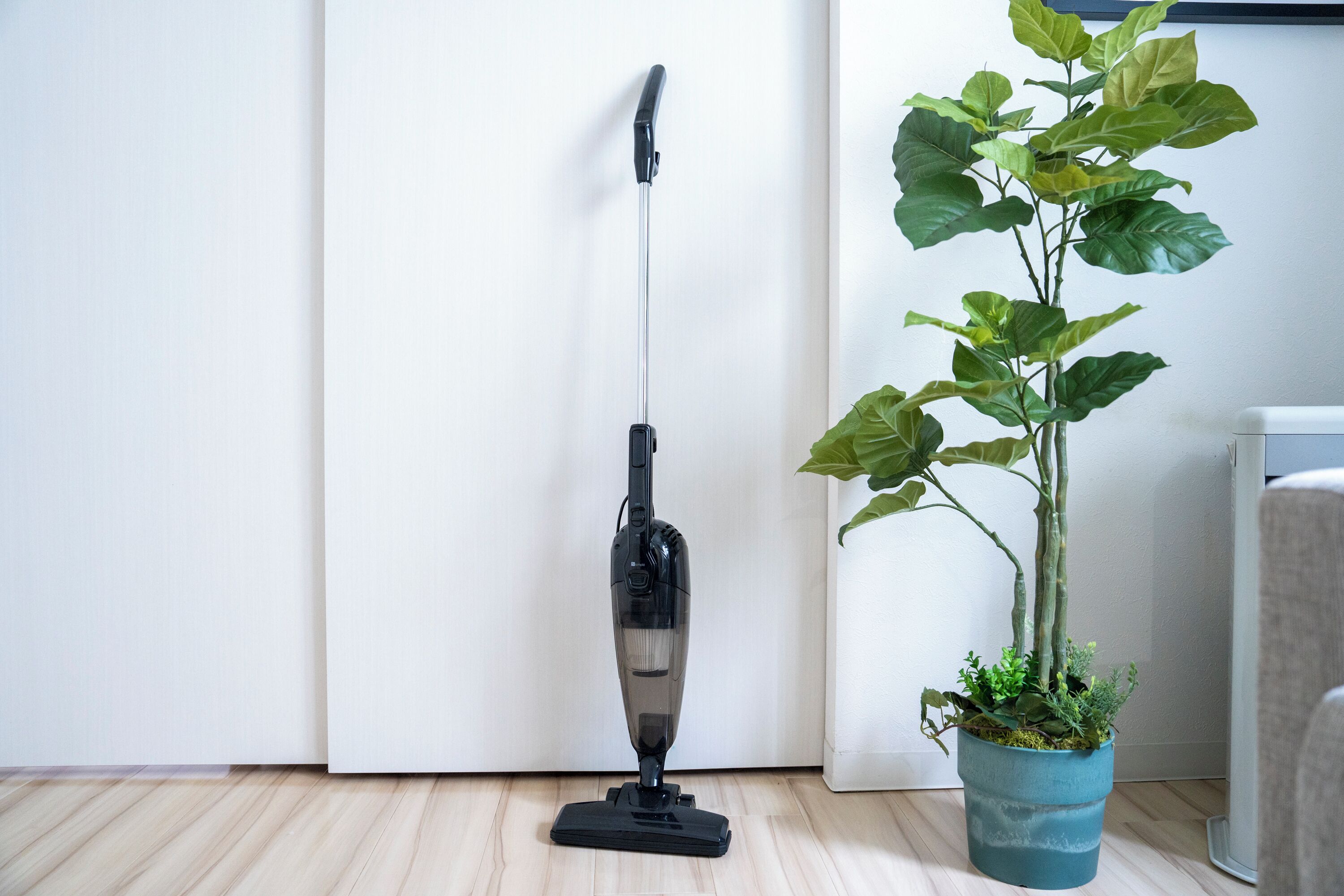 A vacuum cleaner in a room with a wooden floor and a potted plant.