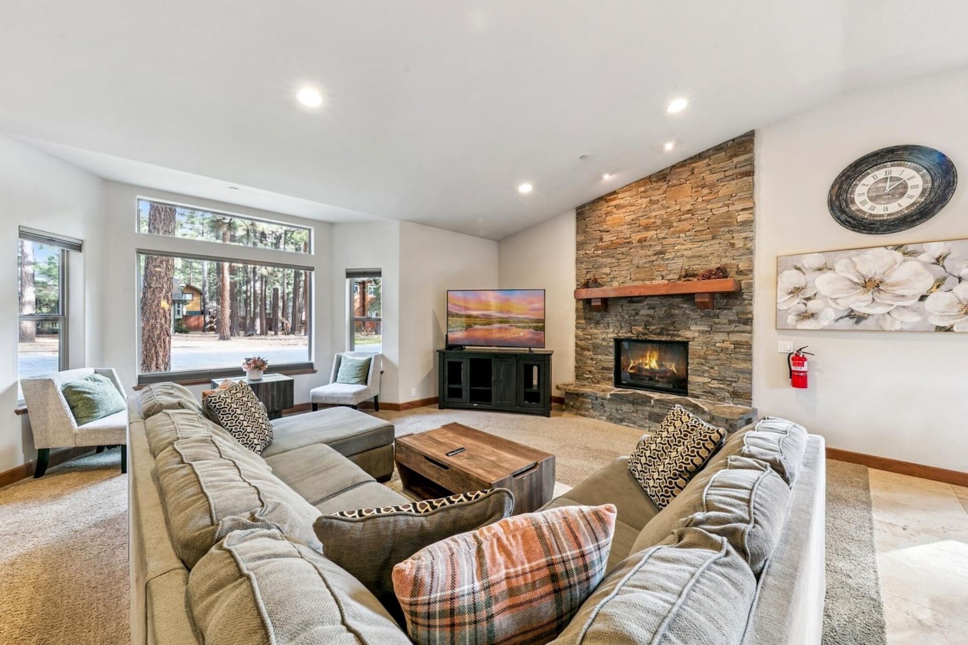 Smart TV, fireplace, DVD player, foosball