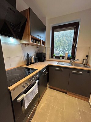 Fridge, stovetop, dishwasher, coffee/tea maker