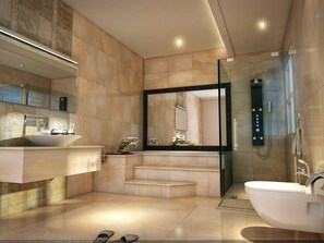 Regadera, secadora de cabello, bidet, toallas