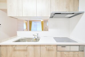 Kühlschrank, Mikrowelle, Herdplatte, Kochgeschirr/Geschirr/Besteck