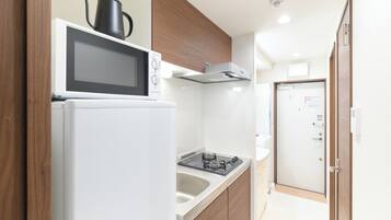 Kühlschrank, Mikrowelle, Herdplatte, Kochgeschirr/Geschirr/Besteck