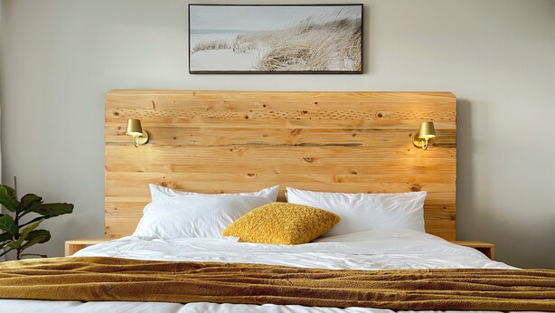 Een net opgemaakt bed met witte lakens en een mosterdgele deken.