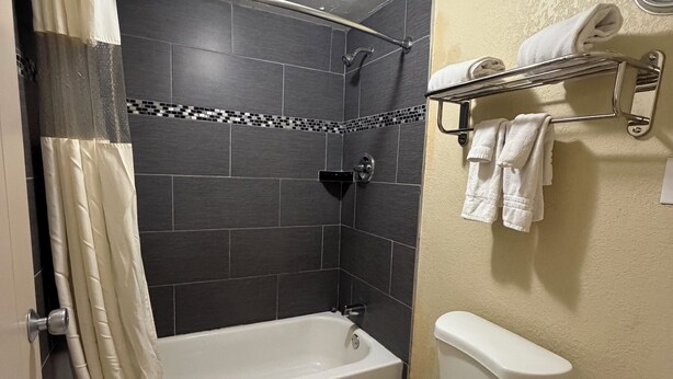 Un baño con bañera, inodoro y zona de ducha.