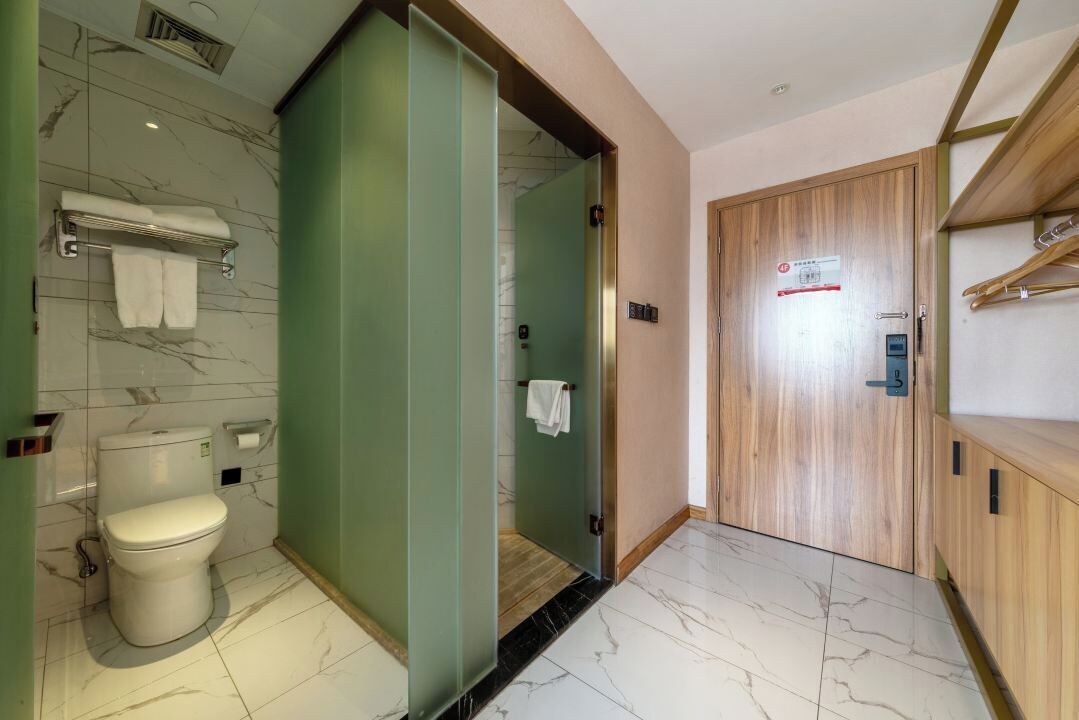 A modern bathroom with a toilet, a glass shower enclosure, and a wooden door.