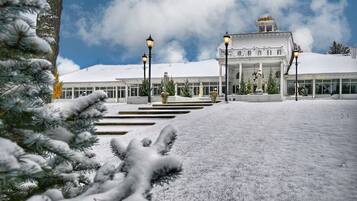 A snow-covered building with a grand entrance, steps leading up to it, and a statue in the foreground.