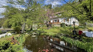 A serene garden with a pond, a white house with a balcony, and a clear blue sky.