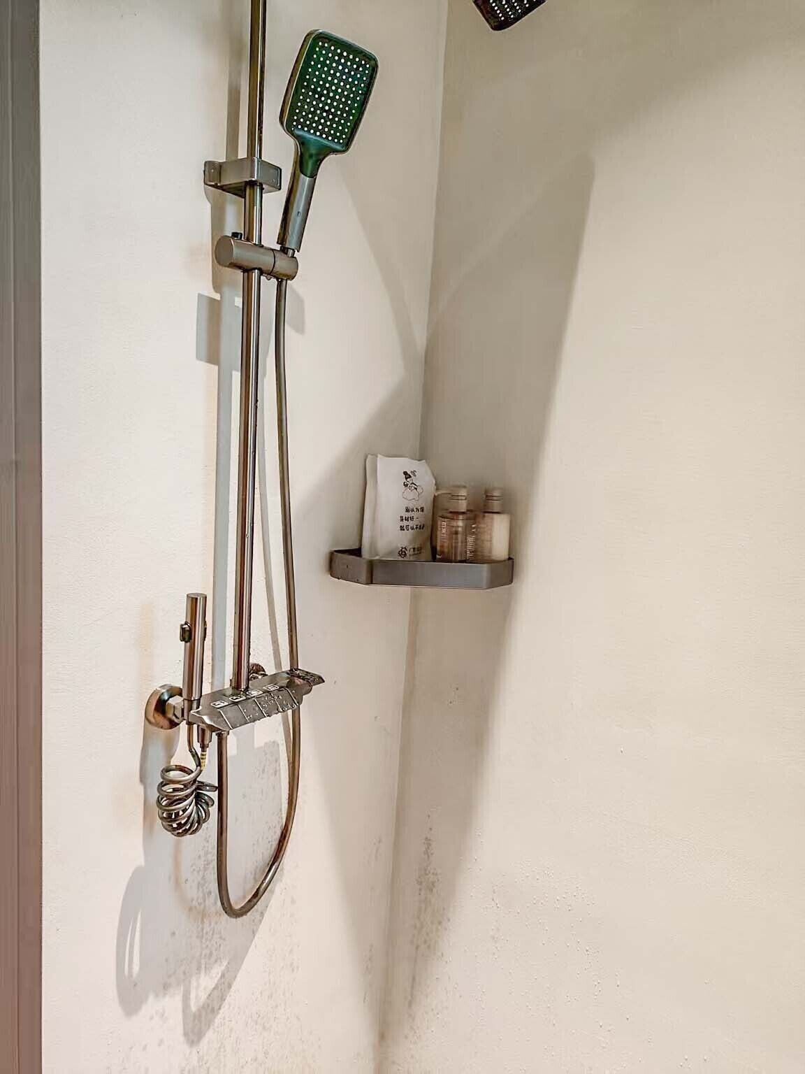 Eine Dusche mit Handbrause und Wandarmatur.