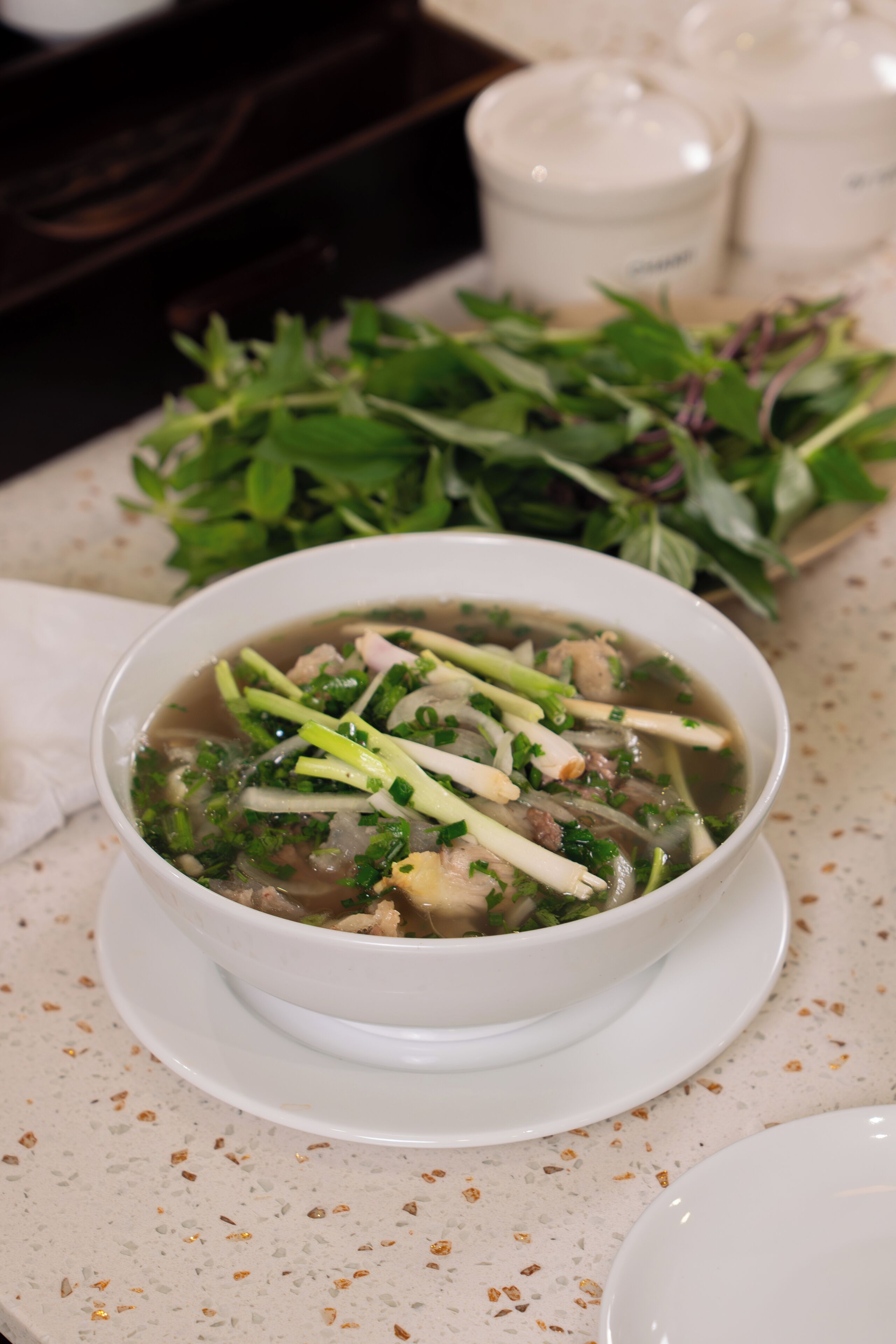 Un bol de soupe contenant des légumes et de la viande, une assiette blanche et une portion de légumes verts sur un comptoir à motifs.