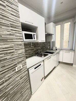 Microwave, stovetop, dishwasher, coffee/tea maker