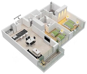 A 3D floor plan of a modern apartment with a kitchen, dining area, living room, and two bedrooms.