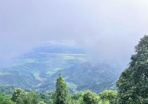 Vista panorámica de un paisaje montañoso con abundante vegetación y un valle en la parte inferior.