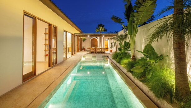 Una piscina con bordo piastrellato, circondata da un muro bianco e piante tropicali.
