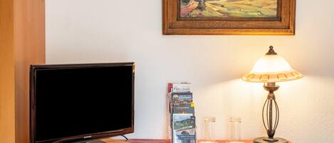 Un televisor, una lámpara, un mueble con revistas y un cuadro en la pared.