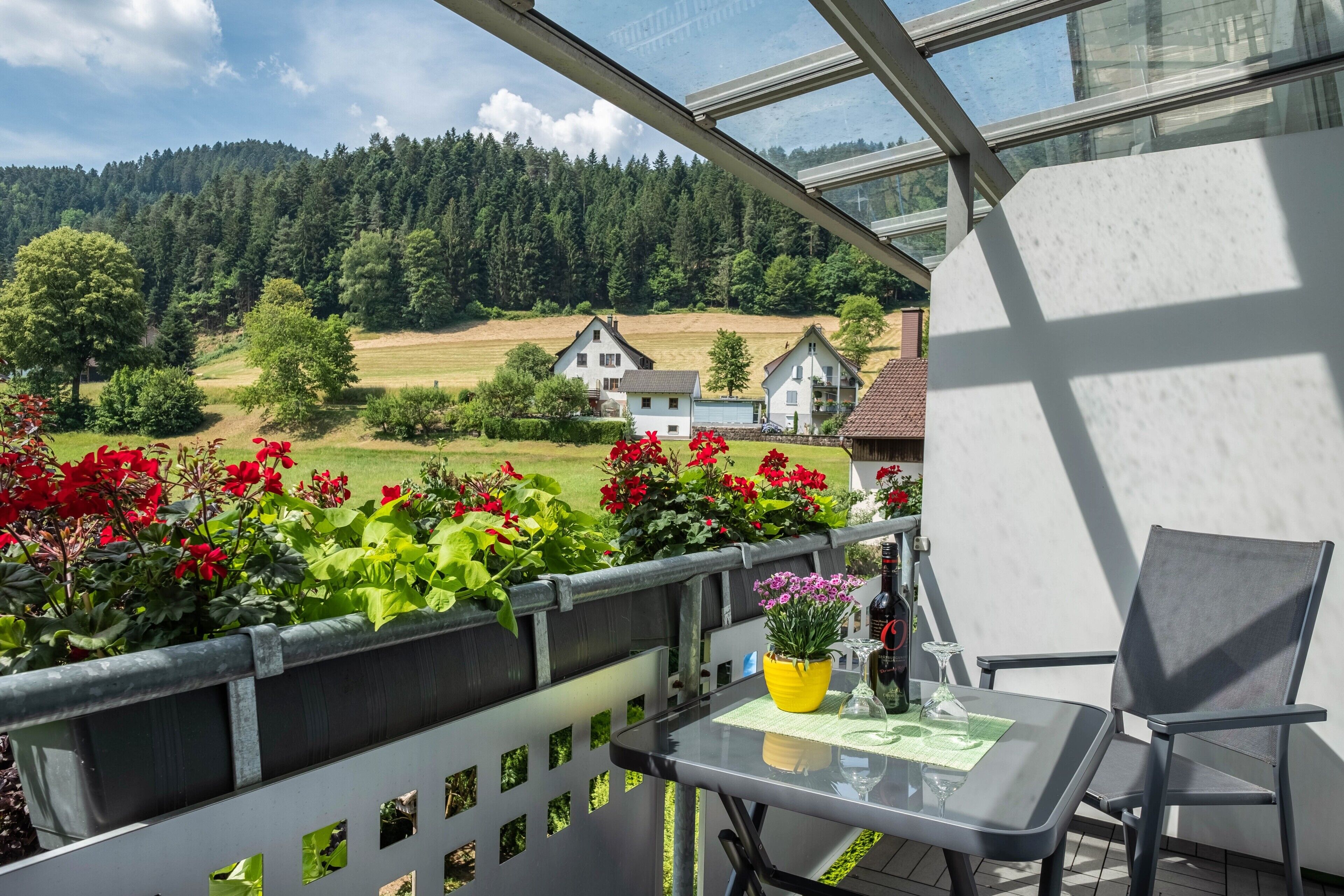 Un balcon avec une table, une chaise et des plantes en pot.