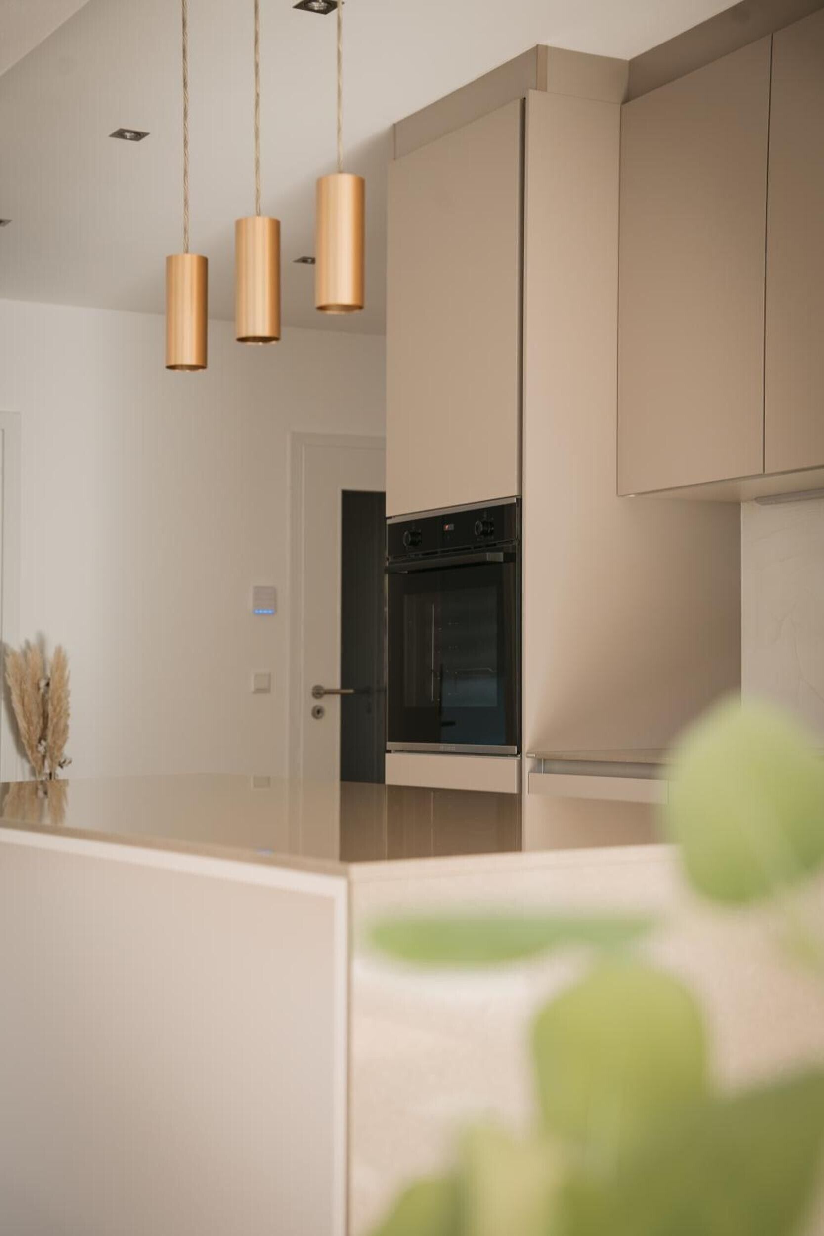A modern kitchen with pendant lights, a built-in oven, and a door leading to another room.